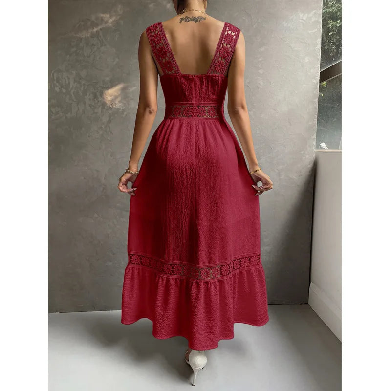 Weiße Lange Kleid Frauen Sommer Sexy Sleeveless Backless Maxi Kleider Damen Elegante Hohle Heraus Spitze Kleid Boho Sommerkleid Vestidos