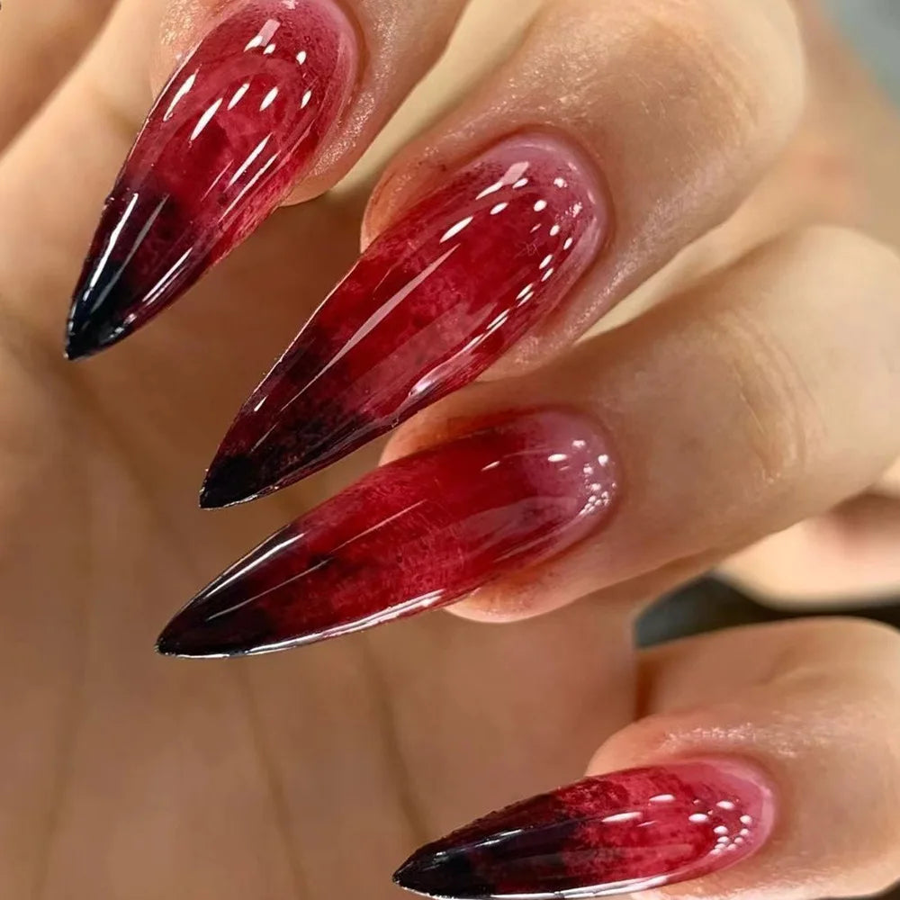 24pcs Blood Red Fake Nails Gradient Long Pointed False Nail Patch Full Cover Wearable Fake Nail Tips Halloween Manicure Sets.