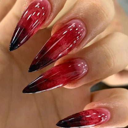 24pcs Blood Red Fake Nails Gradient Long Pointed False Nail Patch Full Cover Wearable Fake Nail Tips Halloween Manicure Sets.