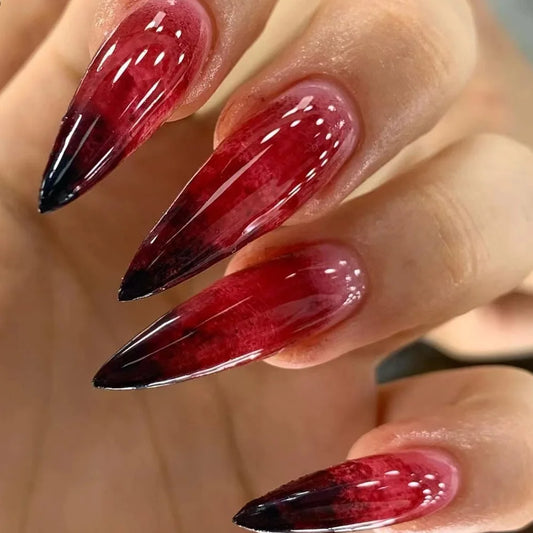 24pcs Blood Red Fake Nails Gradient Long Pointed False Nail Patch Full Cover Wearable Fake Nail Tips Halloween Manicure Sets.