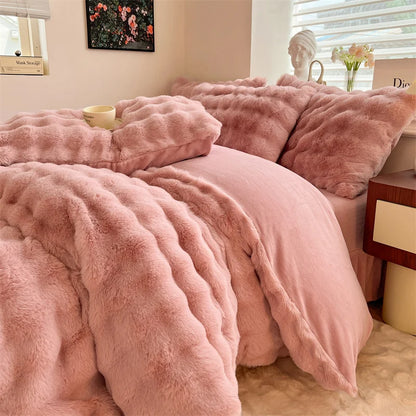 Luxury Faux Rabbit Fur Velvet Fleece Plush Soft Warm Bedding Set Super Comfortable Duvet Cover Set Blanket Bed Sheet Pillowcases.