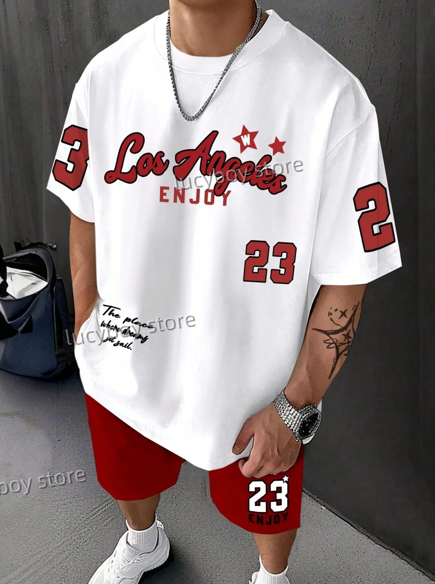 LOSANGLES NO.23 Print Men'S Summer Casual Short Sleeve T-Shirt Shorts Set Adult Basketball JoggingOversized 2 Piece Set Clothes.