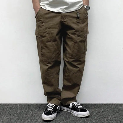 Autumn Men's Pants Multi-Pocket Cargo Pants Retro Solid Color Simple Loose Button Elastic Strap Casual Pants.