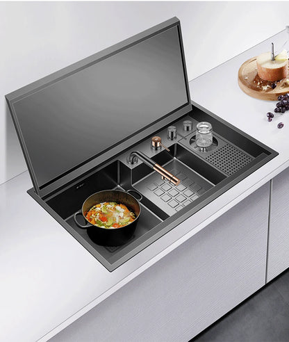 ASRAS Large Size Flip Cover Hidden Island Kitchen Sink 304 Stainless Steel 4mm Thickness Handmade Stepped Sink Cup Rinser Sinks