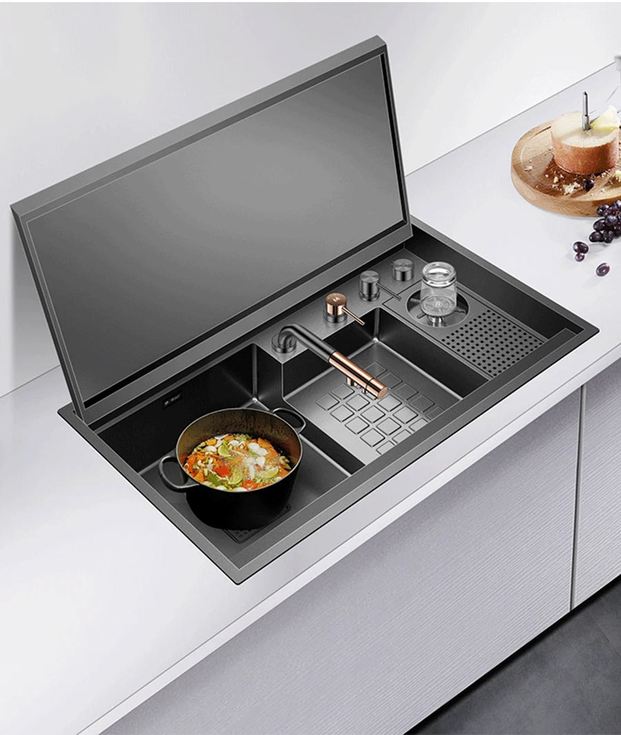 ASRAS Nanometer Black Flip Cover Hidden kitchen Sink 304 Stainless Steel 4mm Thickness Handmade Stepped Sinks Cup Rinser Sinks