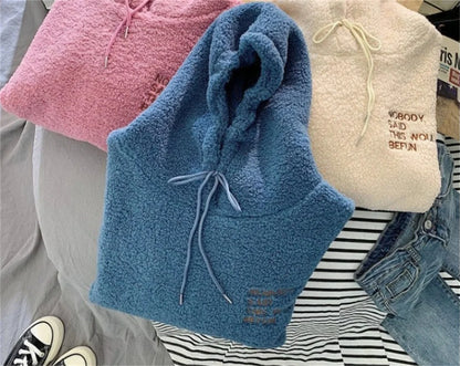 Autumn Winter Fashion Hooded Sweatshirt Women Korean Loose Solid Letter Tops Long Sleeve Warm Outfit Hoodie Lady Casual Street.