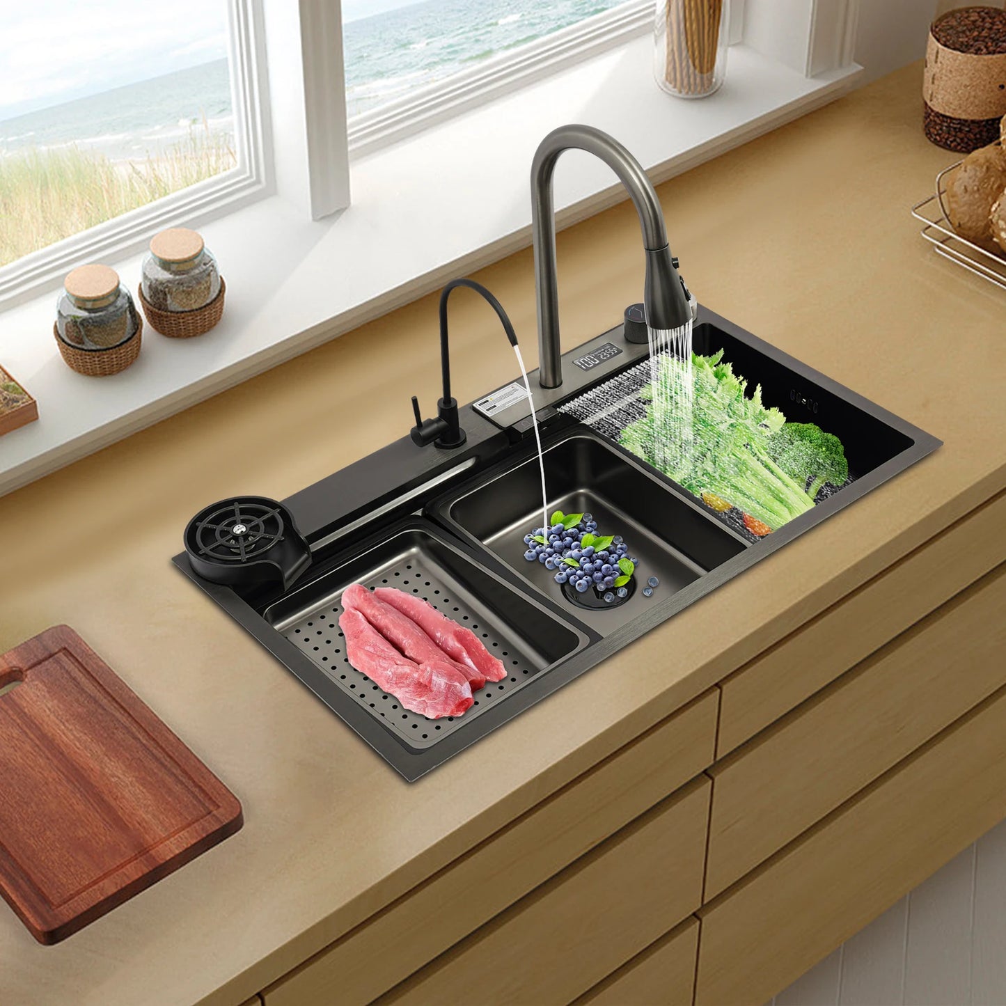 80 * 46 * 20 cm Edelstahlspüle 201 Nano-Galvanikprozess Dreifach 60 cm Rohrlänge 13 kg Bruttogewicht-Küchenspüle-Set