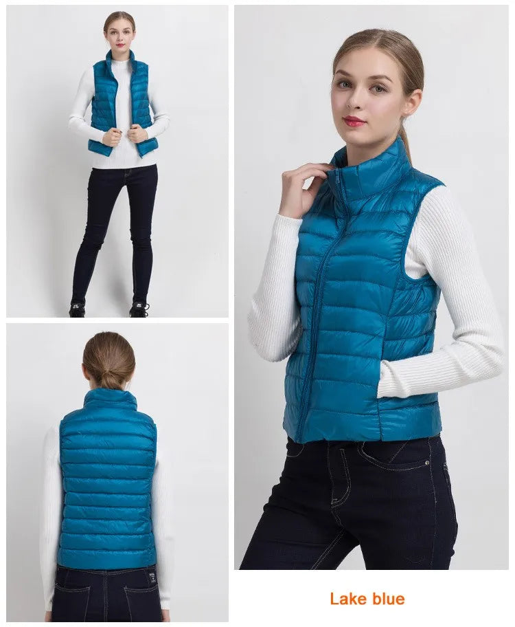 0-10 ℃   Frauen Westen Herbst Winter Ultra Licht Ente Unten Weste Weibliche Dünne Ärmellose Jacke Winddicht Warme Puffer Weste 4XL.