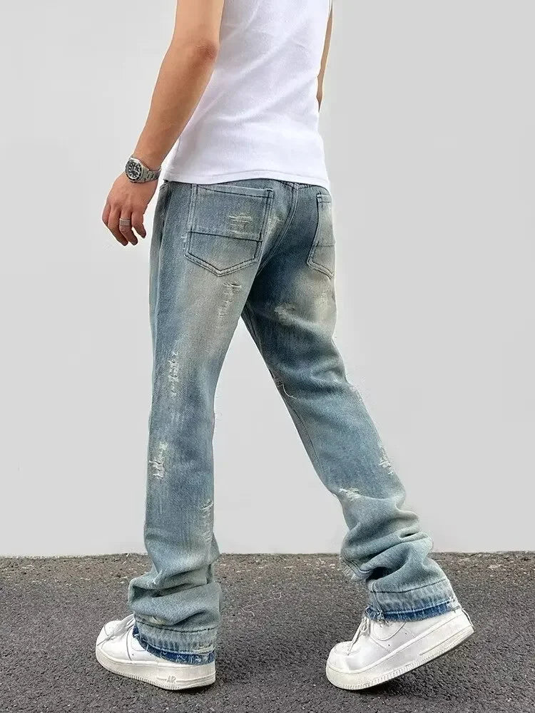 Loose Men's Straight Leg Jeans Casual High Street American Style Torn Frayed Hem Wide Leg Pants Trendy Casual Denim Trousers.