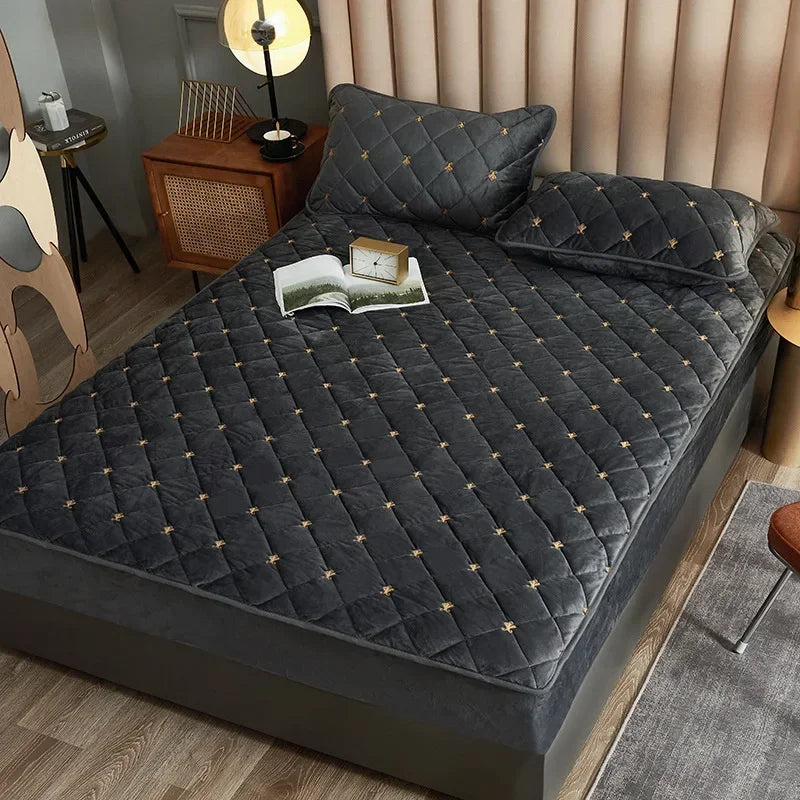 Embroidery Mattress Cover Thicken Soft Velvet Quilted Mattress Protector Cover Customized Fitted Sheet Not Including Pillowcase.