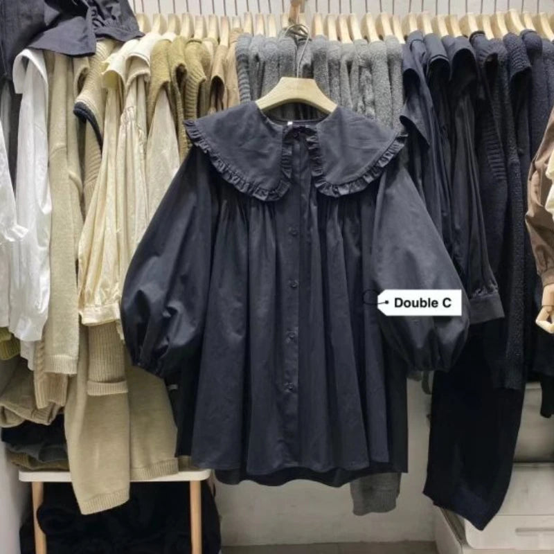 Shirts Women Spring New Plaid Peter Pan Collar Ruffles Loose All-match College Japanese Mujer Kawaii Swwet Tender Chemise Femme.