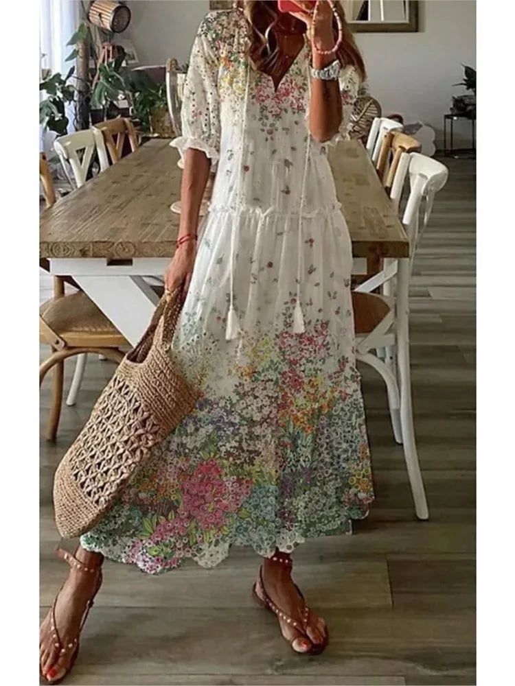 Neue frauen Frühling Sommer Kleid Sexy V-ausschnitt Kordelzug Gedruckt Lange-ärmeln Kleid Beiläufige Lose Mode Elegante Frische Süße kleid.