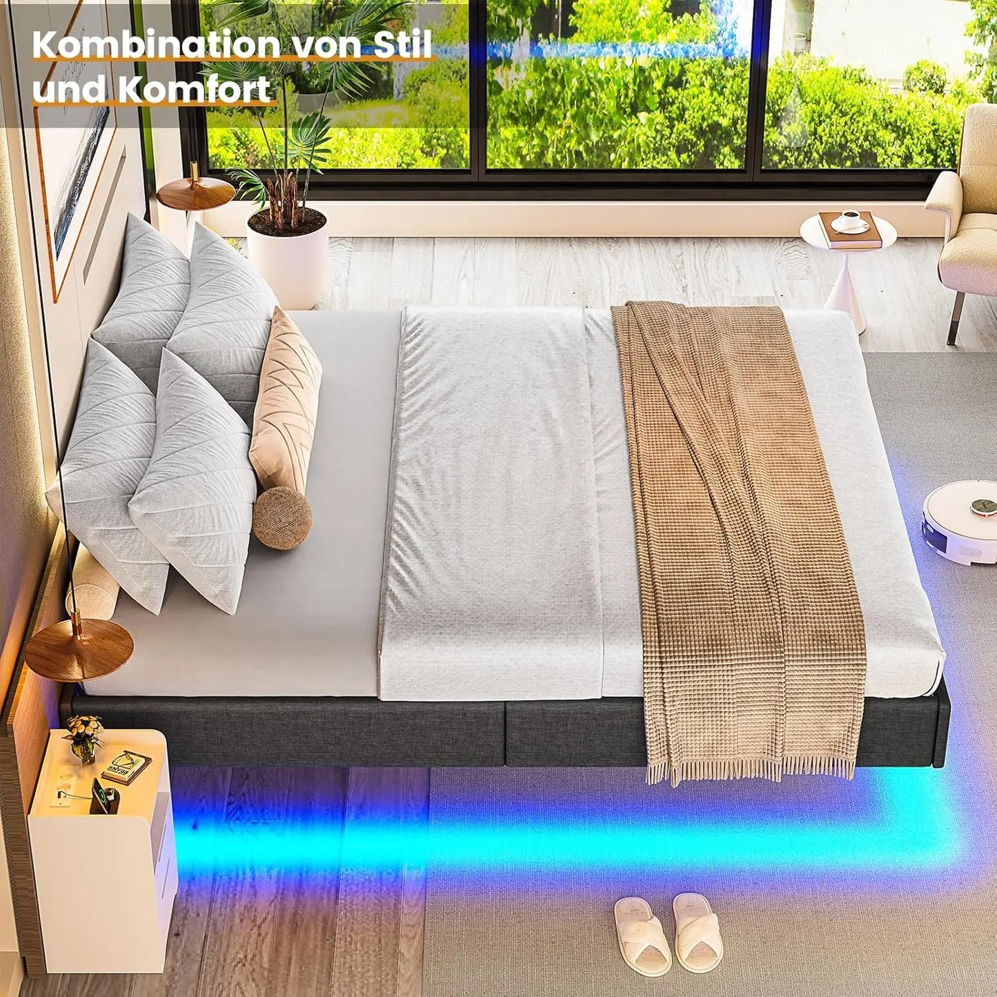 140 x 200 Lattenrost aus Holz mit LED-Beleuchtung, Plüsch, 140 x 200 cm, gepolstertes Bett, graues Leinen-Kopfteil, Schlafzimmermöbel