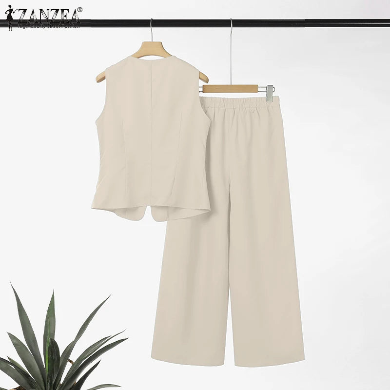 ZANZEA 2025 Summer Outfits Women Fashion Matching Sets V Neck Sleeveless Tanks Tops Trousers Suit 2PCS Solid Work OL Tracksuits.
