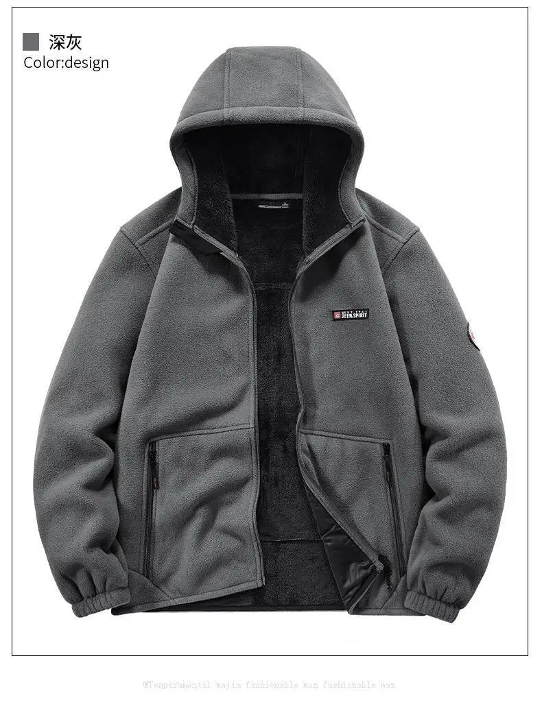 Men's Outdoor Sport Hooded Sweatshirt Jacket Warm Fleece Liner Windproof Softshell Inner Polar Fleece Coat with Zipper & Pockets.