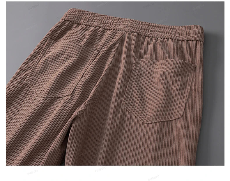OUSSYU Brand Autumn Winter Men's Stripe Corduroy Pants Elastic Waist Drawstring Straight Thick Outdoors Loose Casual Trousers.