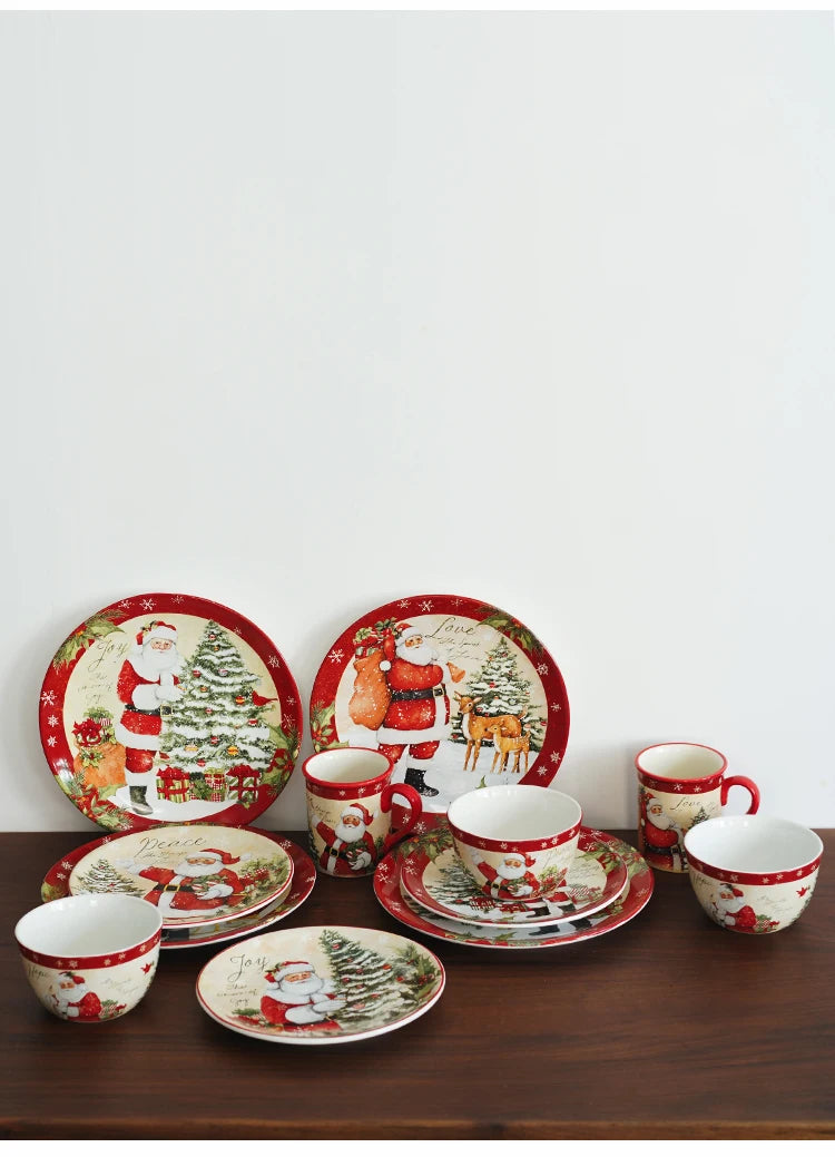 Christmas Themed Ceramic Dinner Plates Tableware Set Underglaze Color Process Coffee Cup Soup Bowl Santa Claus Steak Plate.