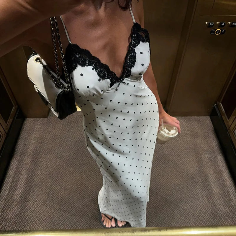 Tossy Spitze V-ausschnitt Patchwork Maxi Kleid Frauen Backless Hohe Taille Schlank Spaghetti Kontrast Party Kleid Weiblichen Frühling Langes Kleid