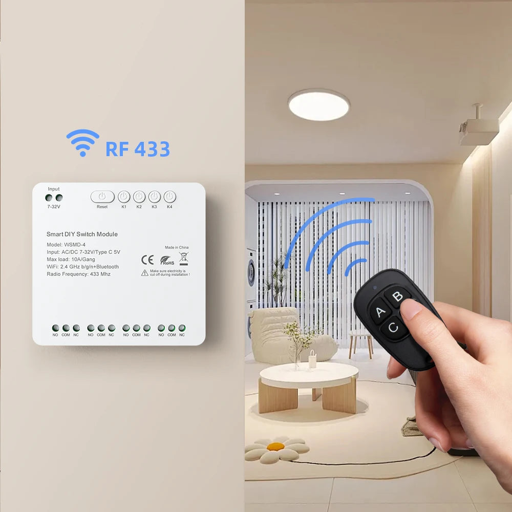 AVATTO Tuya WiFi 4-Kanal-Schaltmodul, 7–32 V/85–250 V RF433 Fernbedienungsrelais-DIY-Modul, funktioniert mit Alexa, Google Home, Alice.