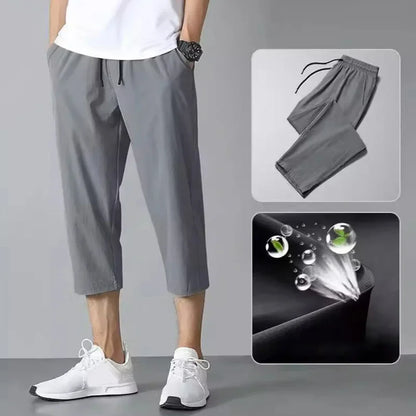 2025 New Summer Men's Ice Silk Pants Hong Kong Style Trendy Loose-Fit Straight-Leg Cropped Pants Korean Version Casual Pants.