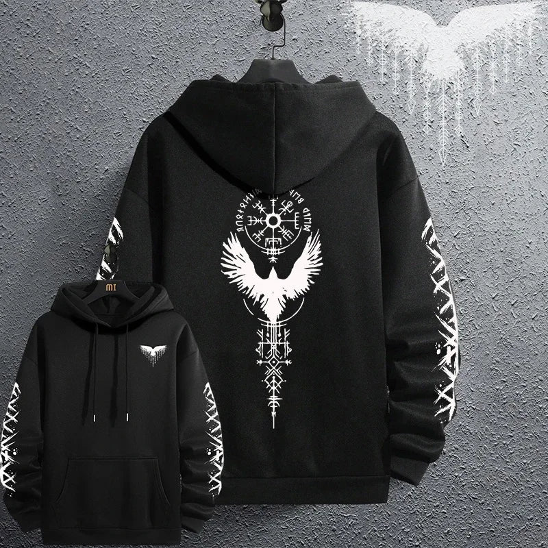 2025 Brand New Black Sweatshirts Autumn Winter Male Daily Casual Sporty Jogging Hoodie Men's Ancient Viking Raven Print Pullover.