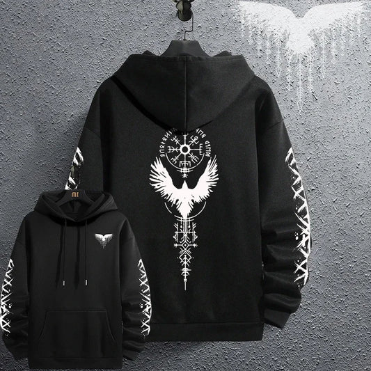 2025 Brand New Black Sweatshirts Autumn Winter Male Daily Casual Sporty Jogging Hoodie Men's Ancient Viking Raven Print Pullover.
