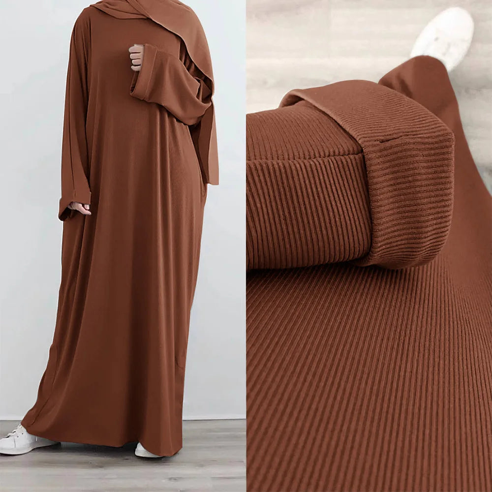 Saudi Arab Turkish Autumn Winter Knitted Dress For Women Jalabiyat Solid Comfortable Belted Casual Muslim Ramadan Robe.