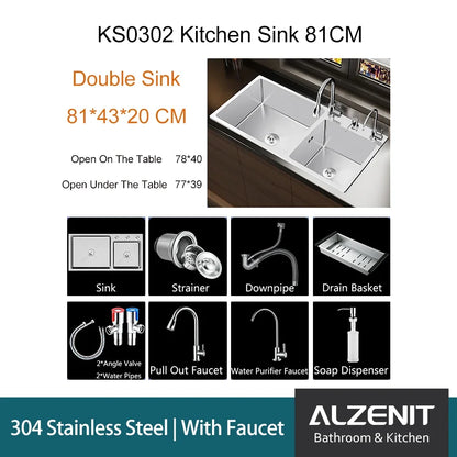 304 Stainless Steel Kitchen Sink Above Counter Undermounter Silver Double Farmhouse Wash Basin with Gourmet Faucet Drainage