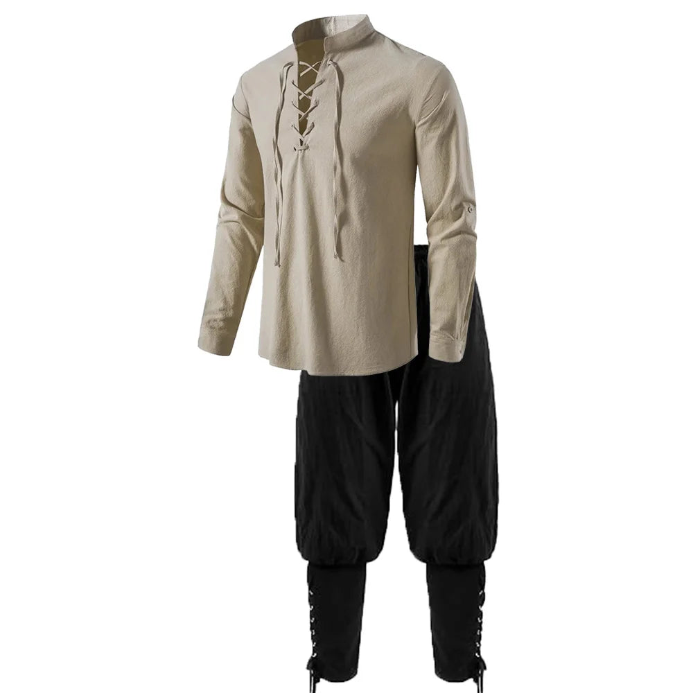 2-teiliges mittelalterliches Ritter-Kostüm-Set für Herren, Renaissance-Cosplay-Piratenhemden, Knöchelband-Hosen für Halloween, Baumwoll-Leinen-Stoff.