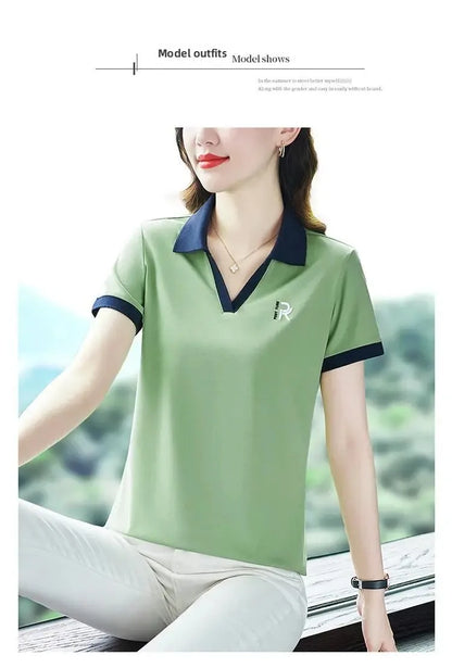 Women's Slim Fit Polo Shirt Short Sleeve T-Shirt Casual Sporty Loose Fashionable Summer Top Turn-down Collar Comfortable.
