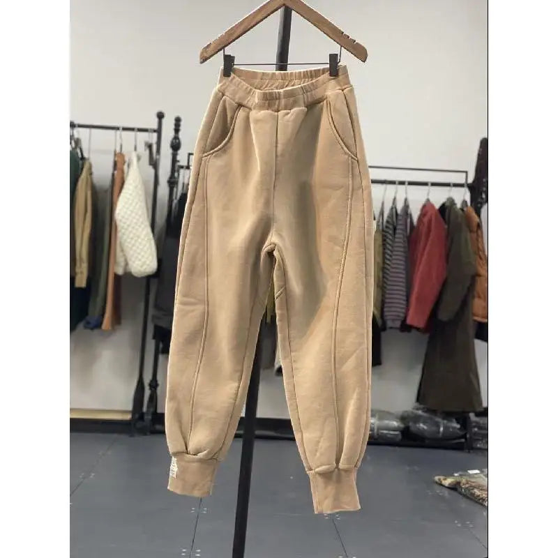 Autumn/Winter 150kg American Retro Cuffed Casual Trousers Men's Korean Slimming Patchwork Fleece-lined Harem Trousers Sweatpants