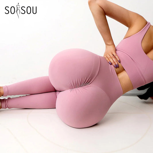 SOISOU Nylon Gym Yoga Pants Women Leggings For Fitness High Waist Long Pants Women Hip Push UP Tights Women Clothing 2 Types.
