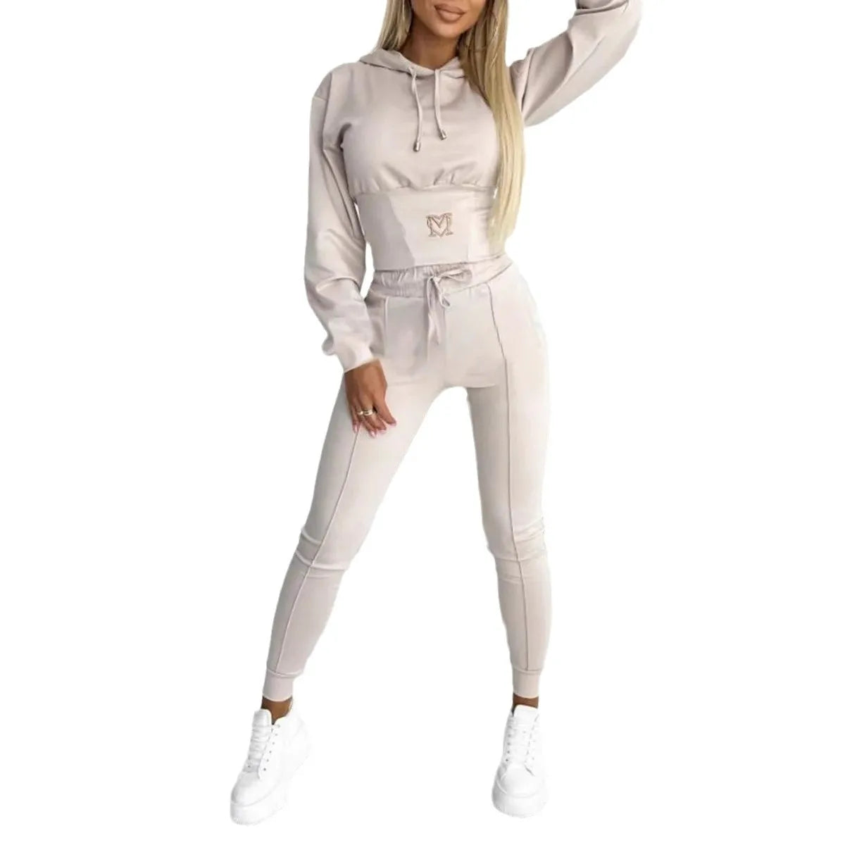 Casual Solid Color Hooded Slim Long-sleeved Top And Wide-sleeved Pants Suit Women 2025 Spring Top Lace-up Pants Suit For Women.
