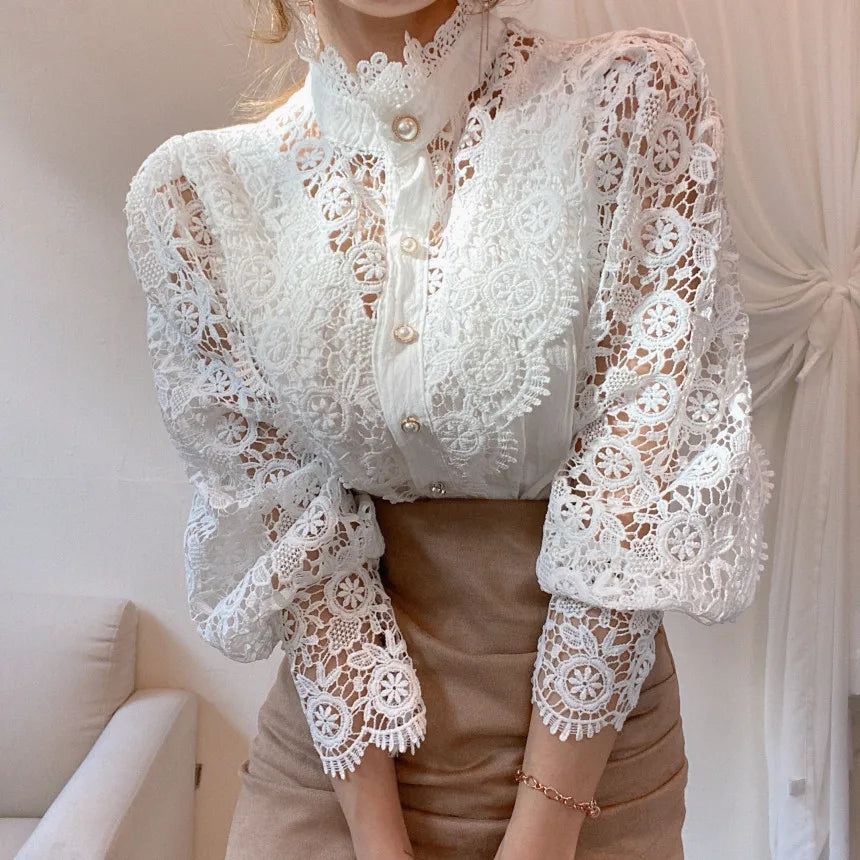 Fashion Long Sleeve Women Blouse Hollow Out Lace Blouse Shirt Tops Women Blusas Mujer De Moda 2024 Blouses Femme Women Shirts.