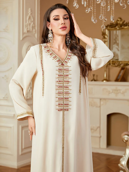 Elegant V-Neck Beading Embroidery Abaya For Muslim Woman 2025 Casual Loose Moroccan Saudi Dubai Kuwait Morocco Stylish Kebaya