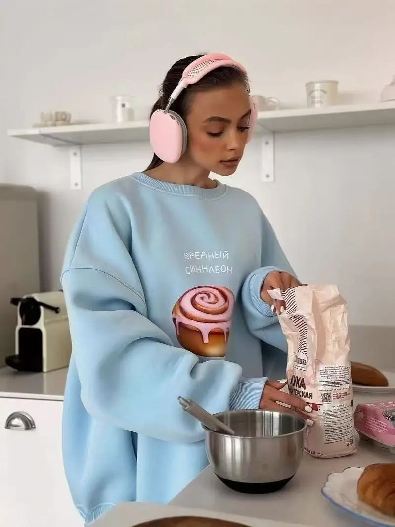 blue Cartoon pastries Russian letter print hip hop O Neck Oversize Sweatshirt Women Thin Spring 2025 Hoodies American Casual Top.