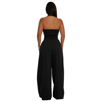 Fashionable Backless Casual Romper with Pockets for Women Summer Breathable Lightweight Solid Color One-Piece Suit.