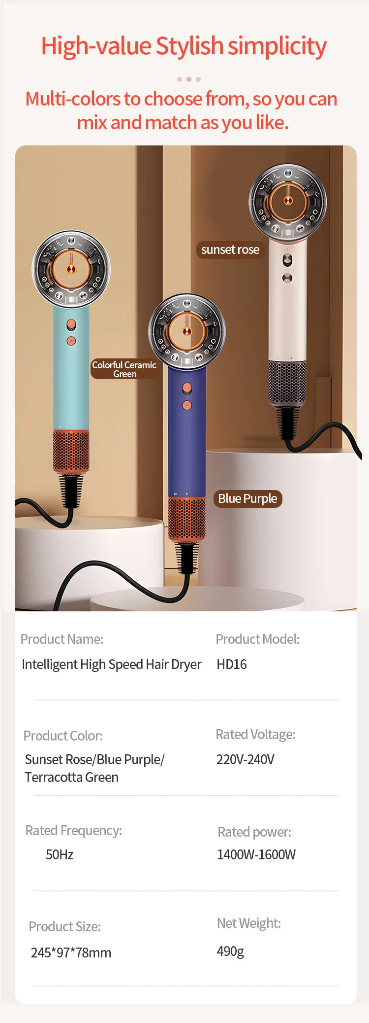 5 in 1 Professional Hair Dryer, with Hot and Cold Air Functionality - Lightweight and Thermostatic Styling Tool for Smooth Hair