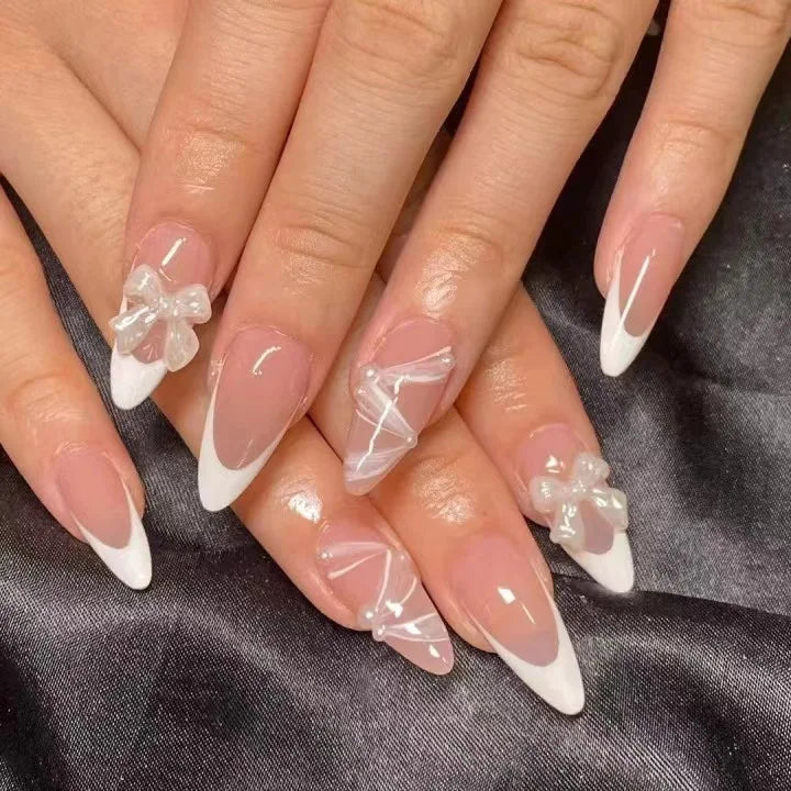 White French Style Fake Nails Gentle Pink Press on Nails 3D Bowknot Design Almond Charm Manicure Korean Fashion False Nail 24Pcs.
