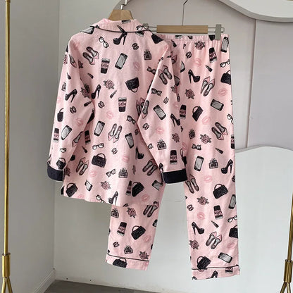 2025 New Pajamas Suit Cotton 2 Piece Set Women Print Cartoon Nightwear Long Sleeve Trousers Set Autumn Loungewear Home Clothes