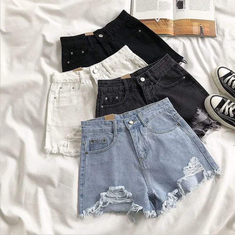 Korean Denim Shorts Women Summer Fashion Casual High Waist Ripped Jeans Pocket Tassel Y2K Hot Pants Streetwear Blue Trousers.