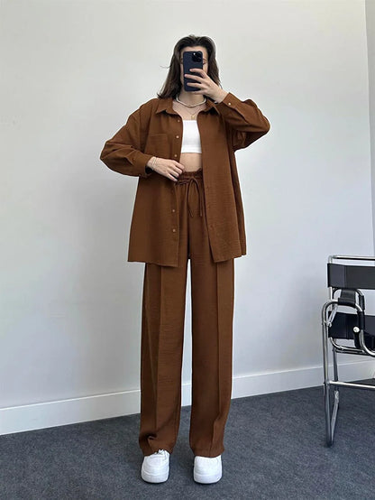 New Autumn Red Women Casual Two-piece Set, Features A Thin Long-sleeved Lapel Shirt Paired with Matching Drawstring Trousers.