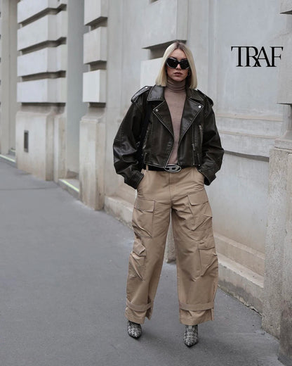 TRAF Damen Vintage lose Lederjacke Gürtel Schulter Abzeichen Zip Revers Jacke Handsome Washed Leder Motorrad Kleidung.