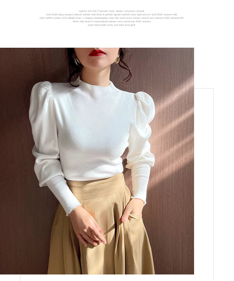 Herbst Winter Pullover Rollkragen Slim Fit Grundlegende Pullover Mode Koreanische Stricken Tops Puff Sleeve Damen Pullover Stretch Jumper.