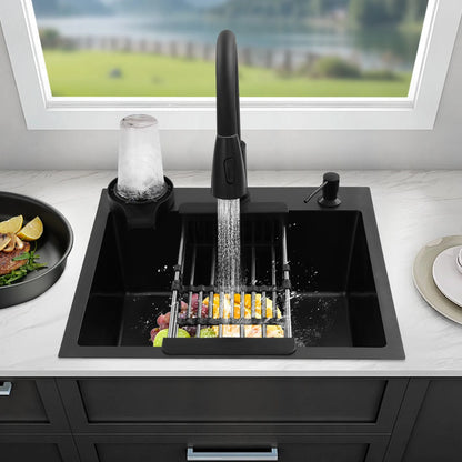 Multifunktionales Küchenspüle mit ausziehbarem Wasserhahn, Tassenspüler, Seifenspender, Abflusskorb, Anti-Überlauf, 201 Edelstahl