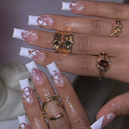 Mid-length Coffin Fake Nails 24Pcs White French Tip Ballerina Press On Nail Pink/White Flower Printed Spring/Summer DIY Manicure