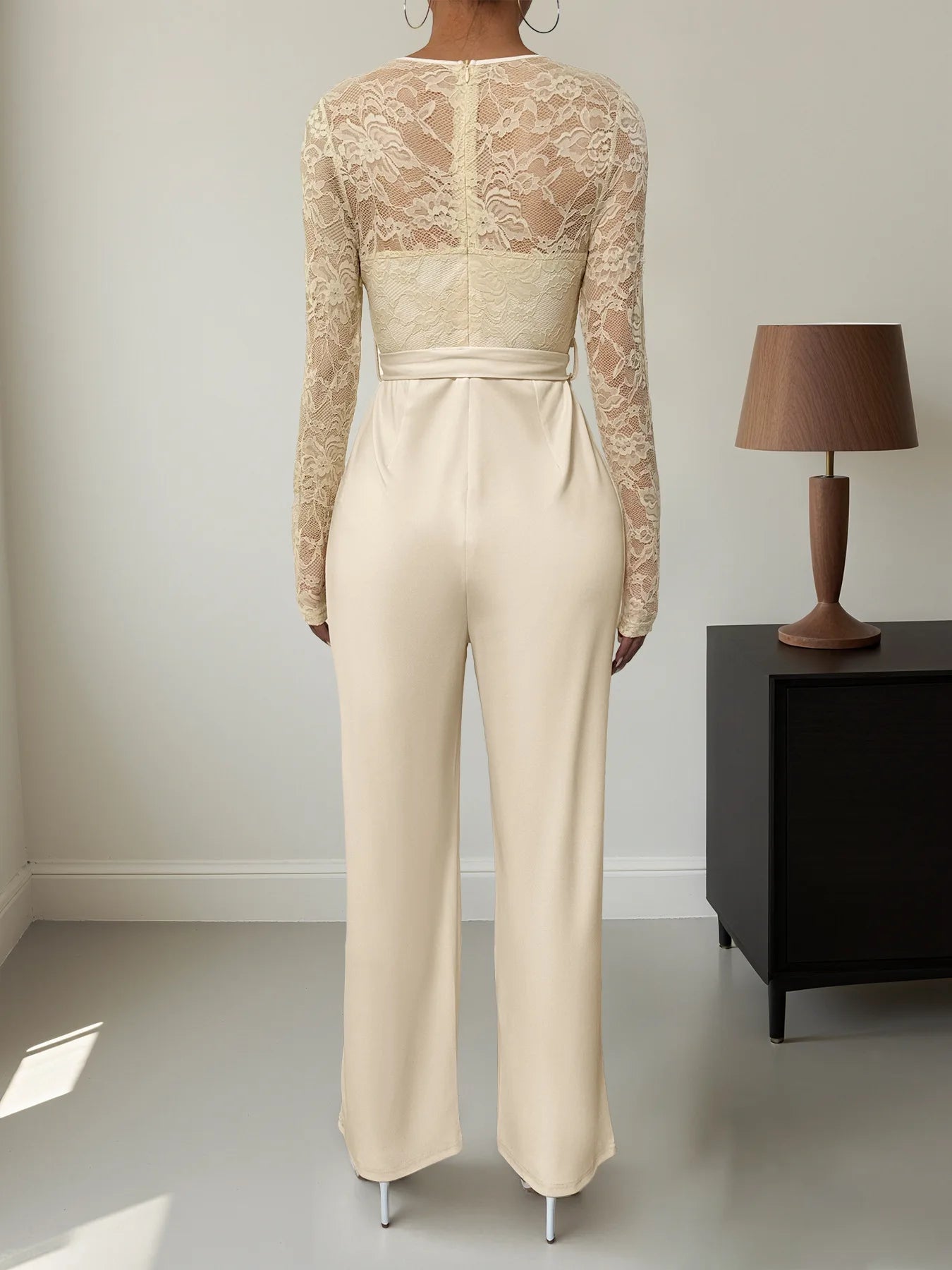 Woman Black Lace Sleeve Jumpsuit Round Neck Belted Waist Ideal for Evening Parties and Cocktail Events