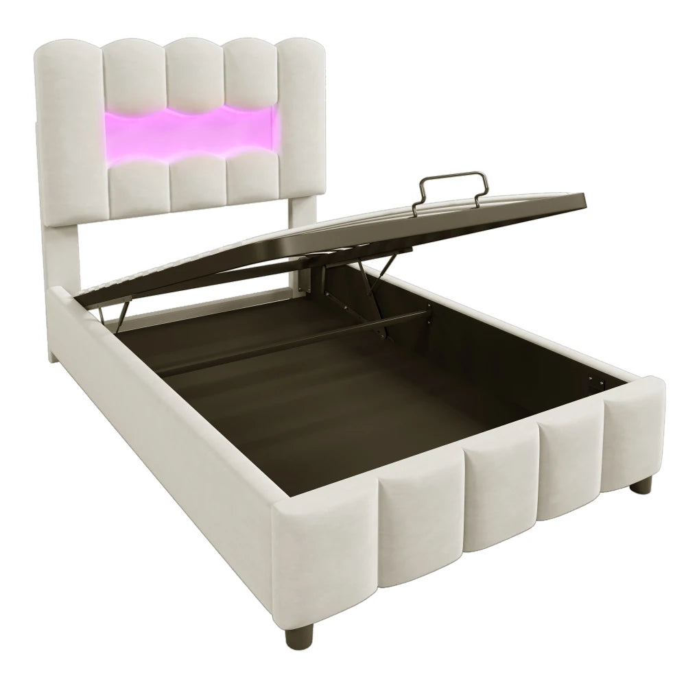 Modernes Polsterbett, 90 x 200 cm, ohne Matratze, LED-Beleuchtung, mit hydraulischem Gerät, verstellbarer Kopfteil, Samt, Grau