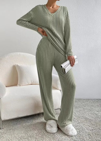 Autumn Winter Ribbed Knit Two Piece Set Womens V Neck Long Sleeve Top Wide Leg Pants Loungewear Casual Solid Color Outfit