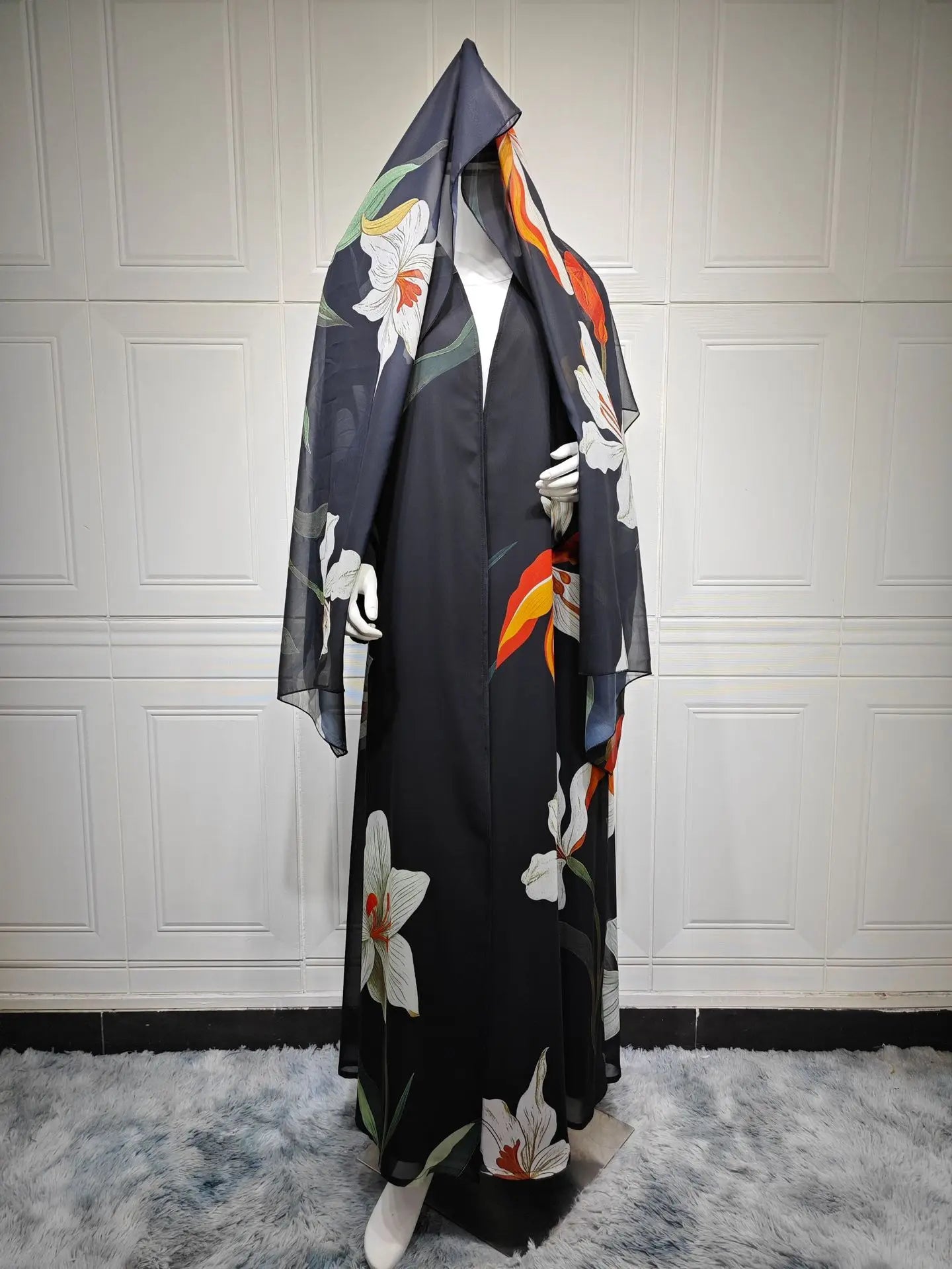 Uni Dubai Fashion Floral Print Open Abaya Muslim Elegant Cardigan With Hijab Scarf 2025 Feminine Clothes
